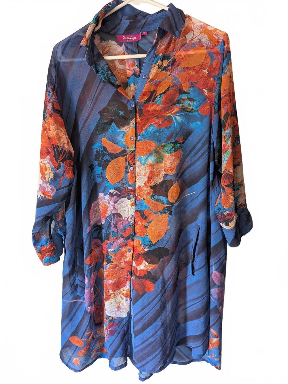 Miradonna Blue Floral Button-Up Dress with Pockets, Size M